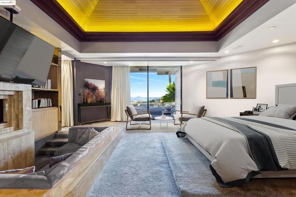 Bedroom, Fireplace, Interior, Recessed Lighting, Wooden Ceilings