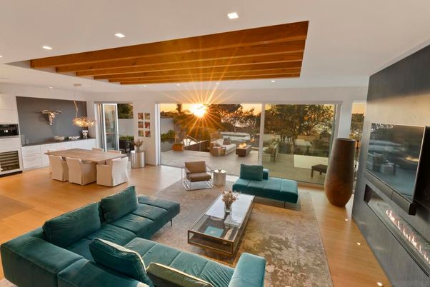 Dining room, Fireplace, Interior, Kitchen, Living room, Pendant Lights, Recessed Lighting, Wooden Beams, Wooden Ceilings, Wood Texture Flooring