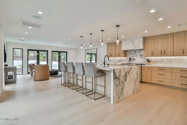 Dining room, Interior, Kitchen, Marble Walls, Pendant Lights, Recessed Lighting, Wood Texture Flooring