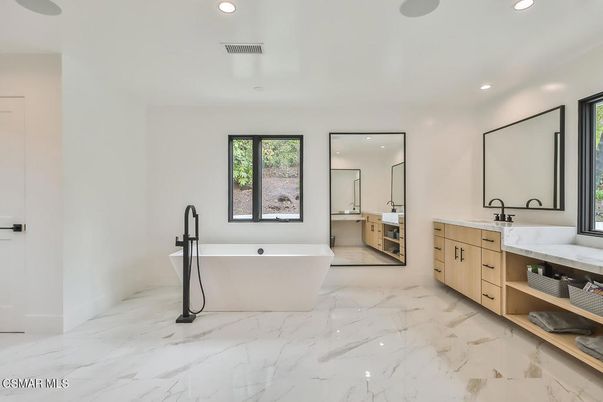 Bathroom, Dual Sink Vanities, Free Standing Baths, Interior, Marble, Recessed Lighting