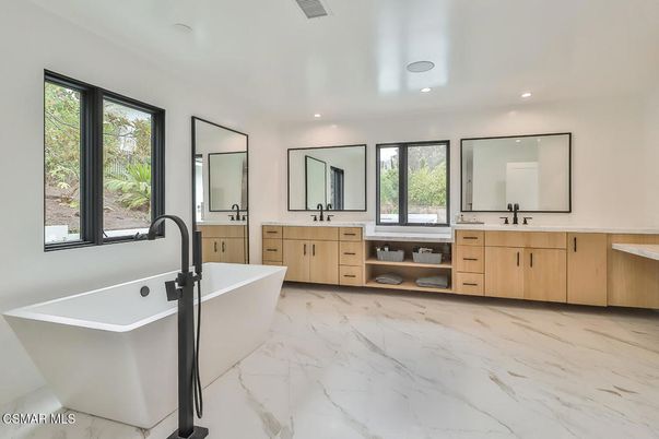 Bathroom, Dual Sink Vanities, Free Standing Baths, Interior, Marble, Recessed Lighting