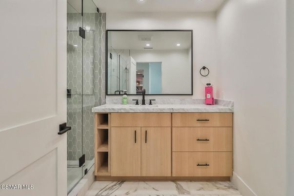 Bathroom, Dual Sink Vanities, Glass Shower, Interior, Marble, Recessed Lighting