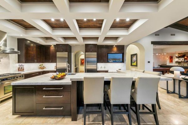 Interior, Kitchen, Pendant Lights, Recessed Lighting, Stainless Steel Appliances, Wooden Beams, Wooden Ceilings