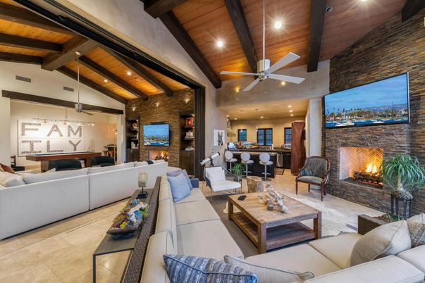 Billiard Table, Fireplace, Game Room, Interior, Living room, Pendant Lights, Recessed Lighting, Stone Walls, Wooden Beams, Wooden Ceilings