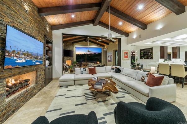 Dining room, Fireplace, Interior, Living room, Pendant Lights, Recessed Lighting, Stone Walls, Wooden Beams, Wooden Ceilings