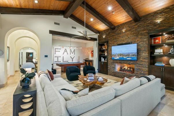 Billiard Table, Fireplace, Game Room, Interior, Living room, Pendant Lights, Recessed Lighting, Stone Walls, Wooden Beams, Wooden Ceilings