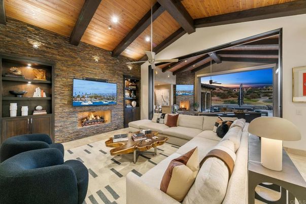 Fireplace, Interior, Living room, Recessed Lighting, Stone Walls, Wooden Beams, Wooden Ceilings