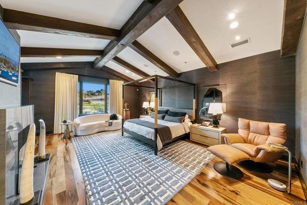Bedroom, Fireplace, Interior, Recessed Lighting, Wooden Beams, Wood Texture Flooring