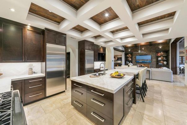 Fireplace, Interior, Kitchen, Living room, Recessed Lighting, Stainless Steel Appliances, Stone Walls, Wooden Beams, Wooden Ceilings