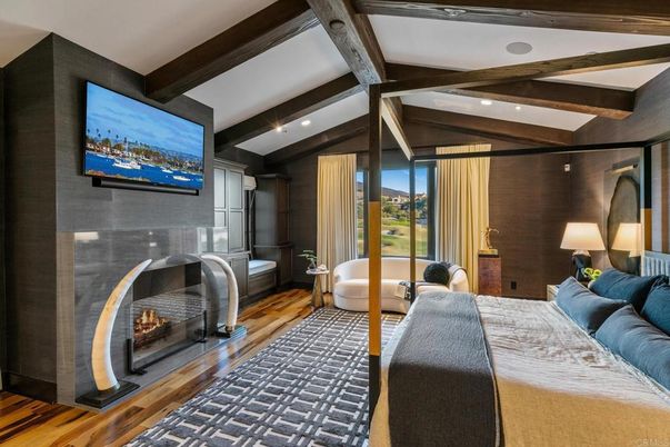 Bedroom, Fireplace, Interior, Recessed Lighting, Wooden Beams, Wood Texture Flooring