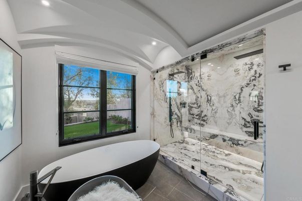 Bathroom, Free Standing Baths, Glass Shower, Interior, Marble Walls, Recessed Lighting