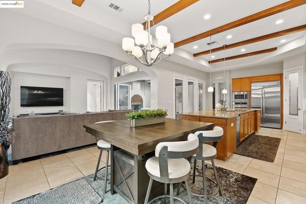 Chandelier, Interior, Kitchen, Living room, Recessed Lighting, Stainless Steel Appliances, Wooden Beams