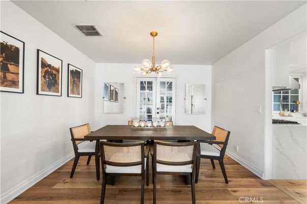 Dining room, Interior, Kitchen, Pendant Lights, Recessed Lighting, Wood Texture Flooring