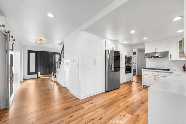 Interior, Kitchen, Recessed Lighting, Stainless Steel Appliances, Wood Texture Flooring