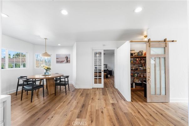 Dining room, Interior, Pendant Lights, Recessed Lighting, Wood Texture Flooring
