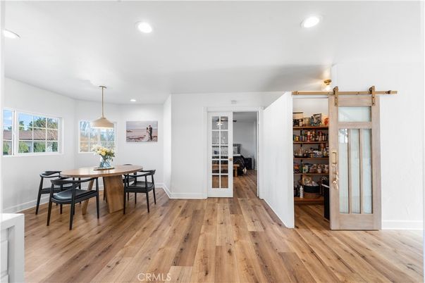 Dining room, Interior, Pendant Lights, Recessed Lighting, Wood Texture Flooring