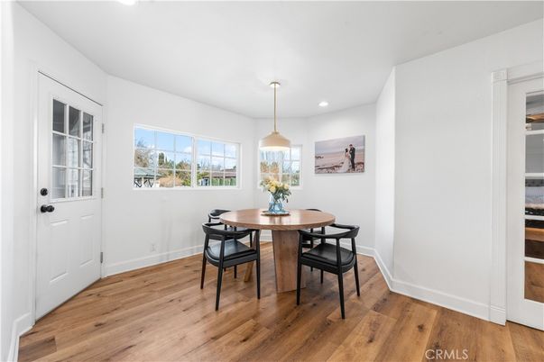 Dining room, Interior, Pendant Lights, Recessed Lighting, Wood Texture Flooring