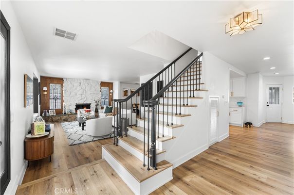 Fireplace, Interior, Living room, Recessed Lighting, Wood Texture Flooring