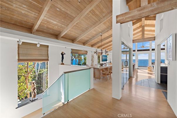 Dining room, Interior, Pendant Lights, Water, Wooden Beams, Wooden Ceilings, Wood Texture Flooring