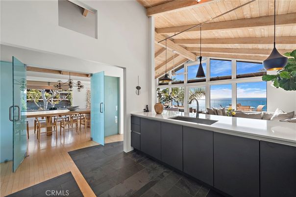 Dining room, Interior, Pendant Lights, Water, Wooden Beams, Wooden Ceilings, Wood Texture Flooring
