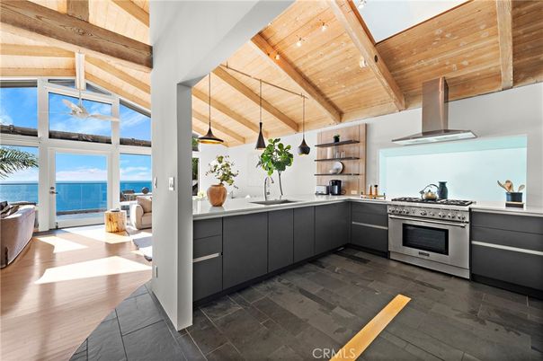 Interior, Kitchen, Pendant Lights, Stainless Steel Appliances, Water, Wooden Beams, Wooden Ceilings, Wood Texture Flooring