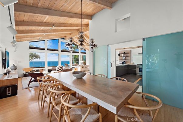 Dining room, Interior, Pendant Lights, Water, Wooden Beams, Wooden Ceilings, Wood Texture Flooring