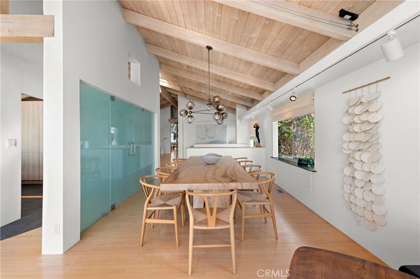 Dining room, Interior, Pendant Lights, Wooden Beams, Wooden Ceilings, Wood Texture Flooring