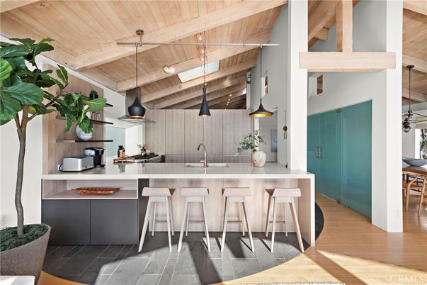 Interior, Kitchen, Pendant Lights, Stainless Steel Appliances, Wooden Beams, Wooden Ceilings, Wood Texture Flooring