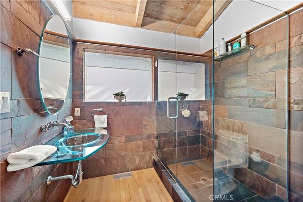 Bathroom, Glass Shower, Interior, Wooden Ceilings, Wood Texture Flooring