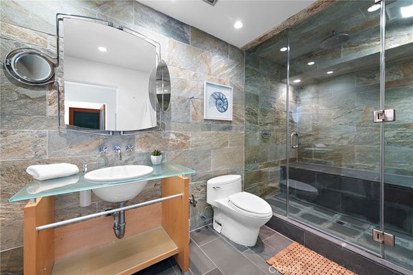 Bathroom, Glass Shower, Interior, Recessed Lighting, Stone Walls