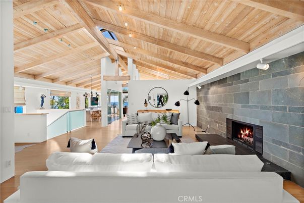 Fireplace, Interior, Living room, Pendant Lights, Recessed Lighting, Stone Walls, Wooden Beams, Wooden Ceilings, Wood Texture Flooring