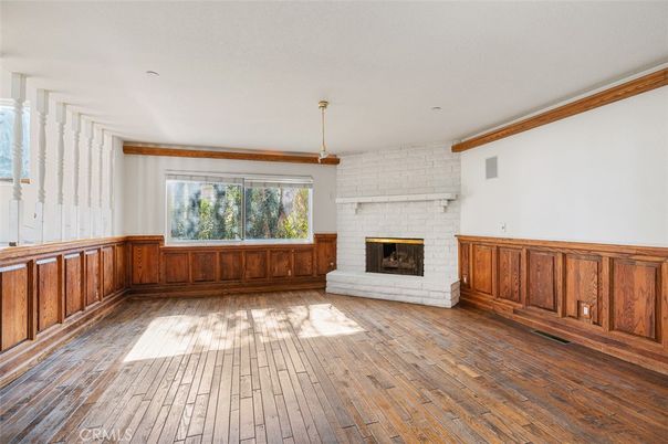 Empty room, Fireplace, Interior, Stone Walls, Wood Texture Flooring