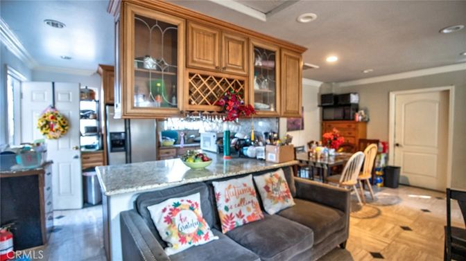 Dining room, Interior, Kitchen, Living room, Recessed Lighting, Stainless Steel Appliances, Wood Texture Flooring