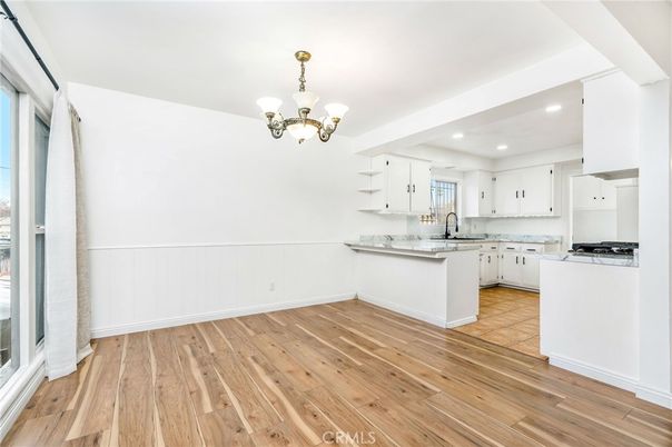 Chandelier, Interior, Kitchen, Recessed Lighting, Wood Texture Flooring