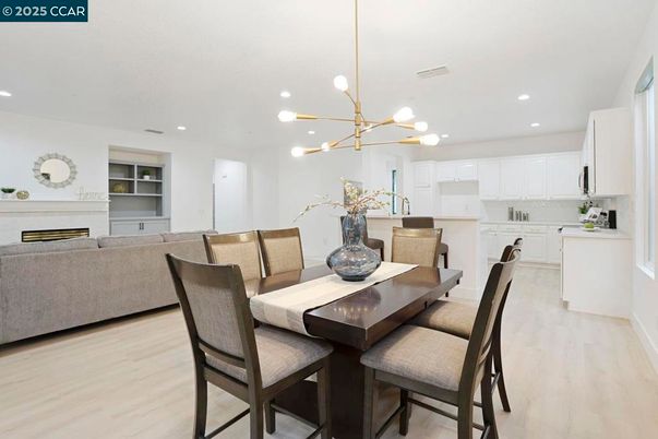 Dining room, Fireplace, Interior, Kitchen, Living room, Pendant Lights, Recessed Lighting, Wood Texture Flooring