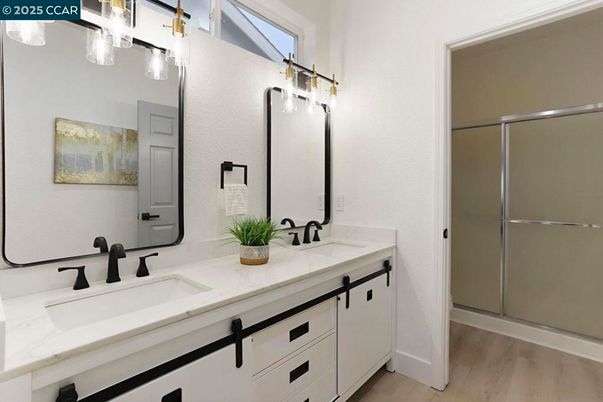 Bathroom, Dual Sink Vanities, Glass Shower, Interior, Wood Texture Flooring