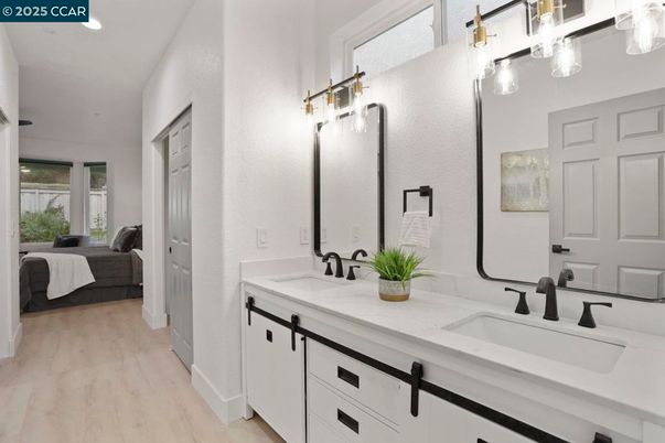 Bathroom, Bedroom, Dual Sink Vanities, Interior, Recessed Lighting, Wood Texture Flooring
