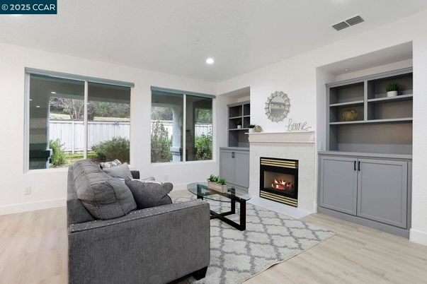 Fireplace, Interior, Living room, Recessed Lighting, Wood Texture Flooring