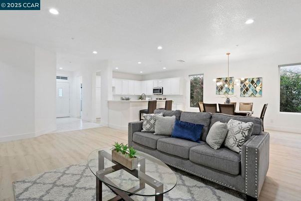 Dining room, Interior, Kitchen, Living room, Pendant Lights, Recessed Lighting, Stainless Steel Appliances, Wood Texture Flooring