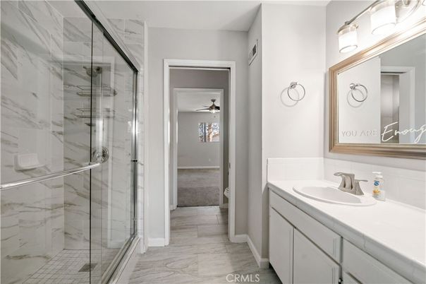 Bathroom, Glass Shower, Interior, Marble Walls, Tile Countertops