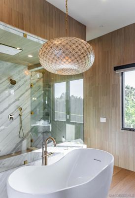 Bathroom, Free Standing Baths, Glass Shower, Interior, Recessed Lighting, Wood Texture Flooring