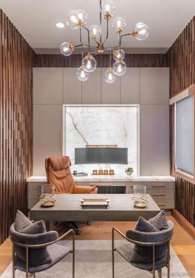Home Office, Interior, Pendant Lights, Recessed Lighting, Wood Texture Flooring