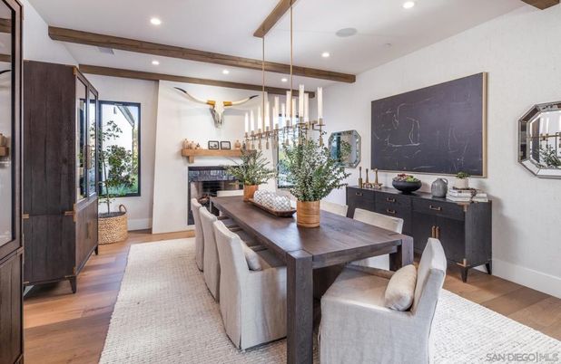 Dining room, Fireplace, Interior, Pendant Lights, Recessed Lighting, Wooden Beams, Wood Texture Flooring