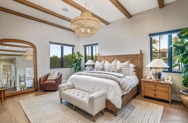 Bedroom, Chandelier, Interior, Recessed Lighting, Wooden Beams, Wood Texture Flooring