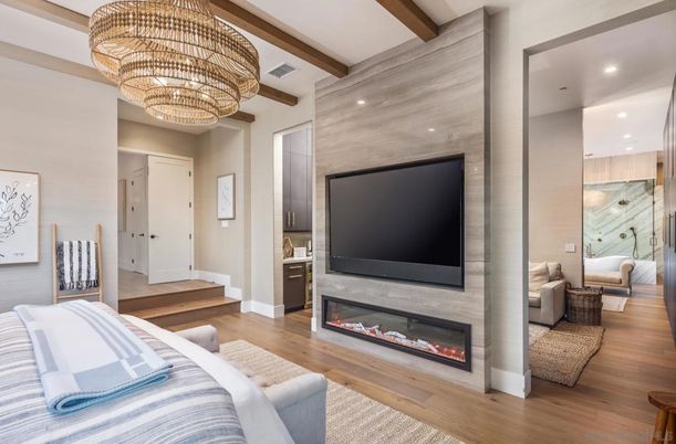 Bedroom, Chandelier, Fireplace, Interior, Living room, Recessed Lighting, Wooden Beams, Wood Texture Flooring