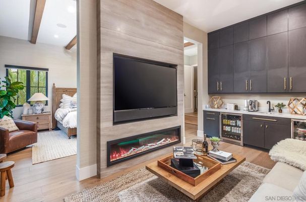 Bedroom, Fireplace, Interior, Living room, Recessed Lighting, Wood Texture Flooring