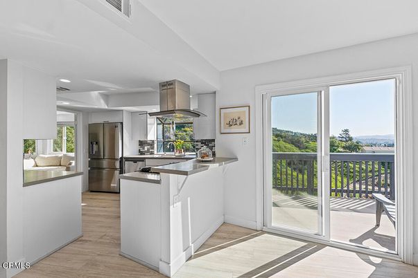 Interior, Kitchen, Recessed Lighting, Stainless Steel Appliances, Water, Wood Texture Flooring