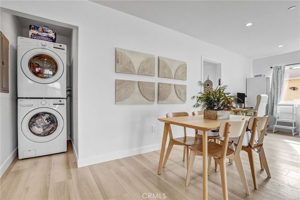 Dining room, Interior, Recessed Lighting, Utility Closets, Washer, Wood Texture Flooring