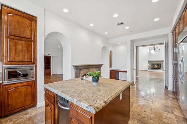 Fireplace, Interior, Kitchen, Recessed Lighting, Stainless Steel Appliances