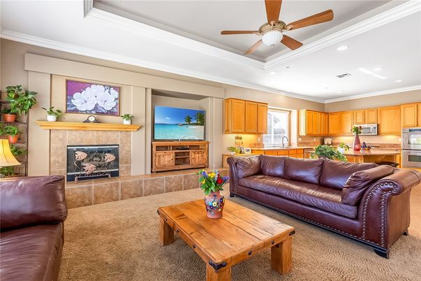 Fireplace, Interior, Kitchen, Living room, Recessed Lighting